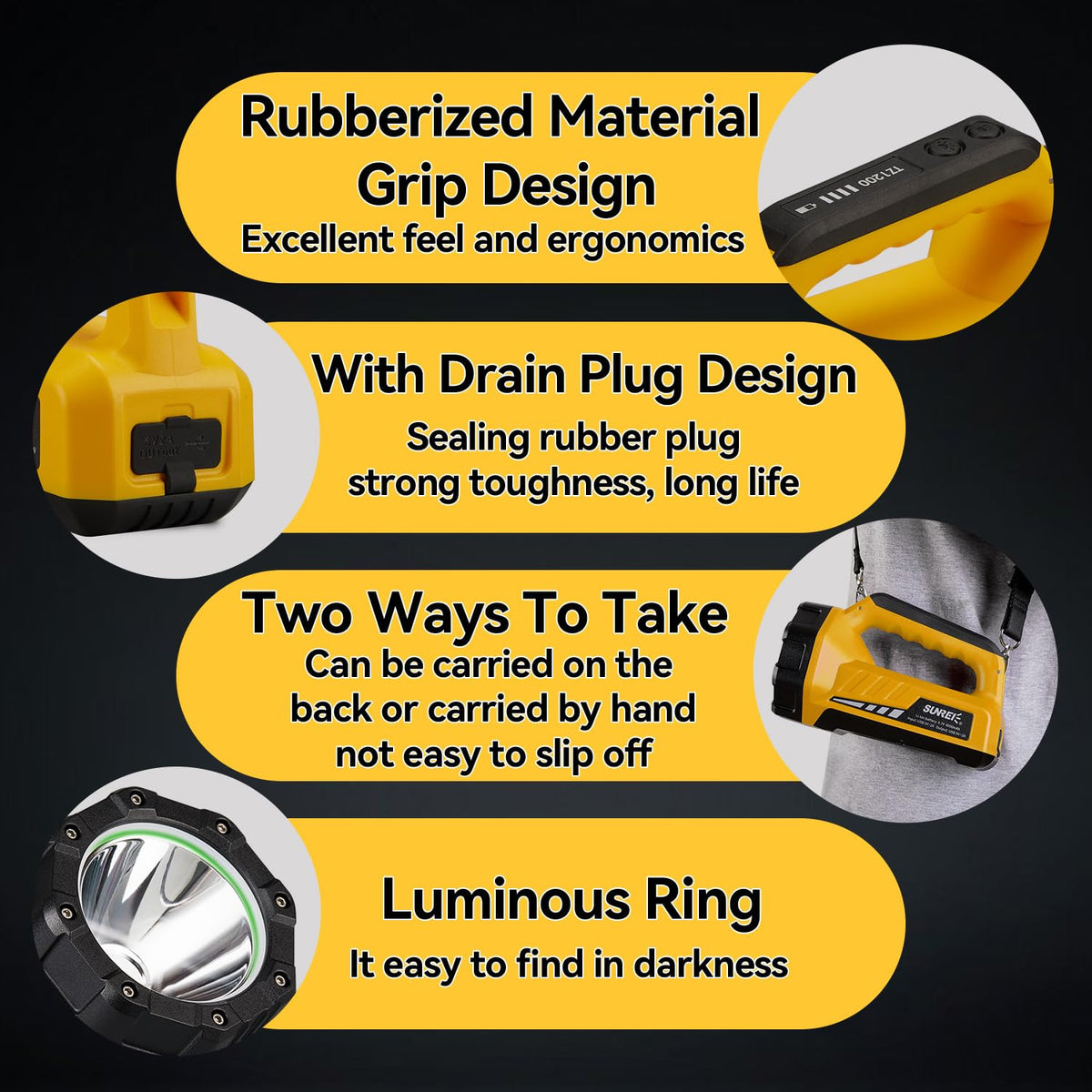 SUNREI red light SOS mode supports night signaling and warnings.