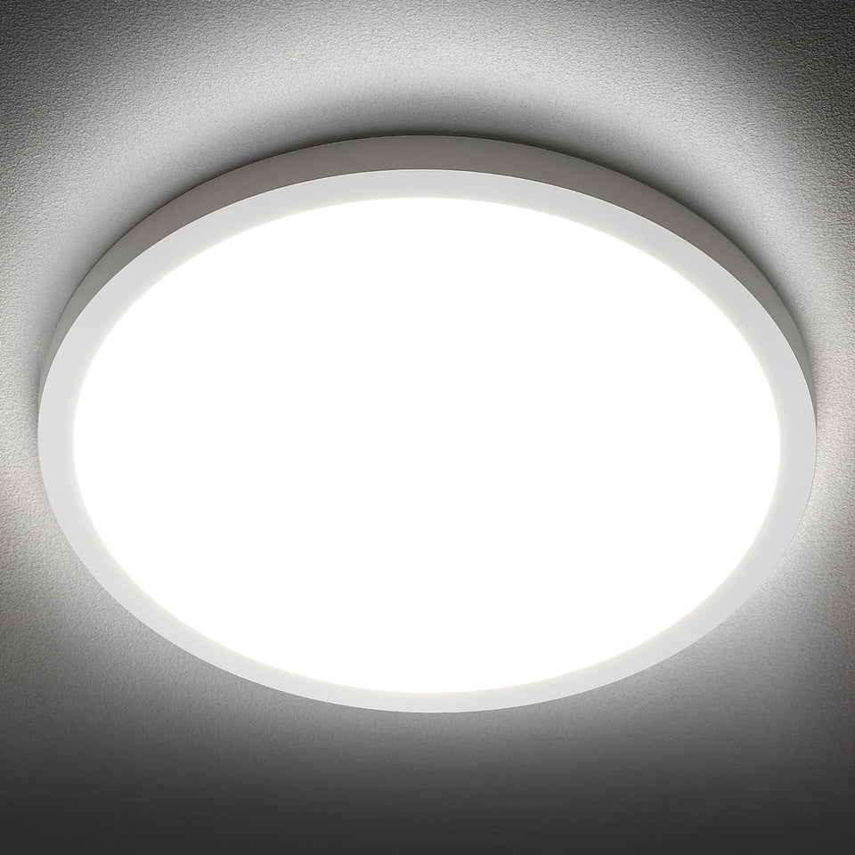 SunRider LED flush mount 12in, 5000K daylight, uniform ceiling illumination for hallways.