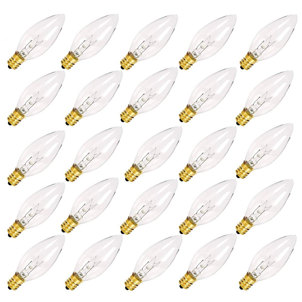 SUNSGNE 25-pack clear torpedo bulbs for chandeliers and decor.
