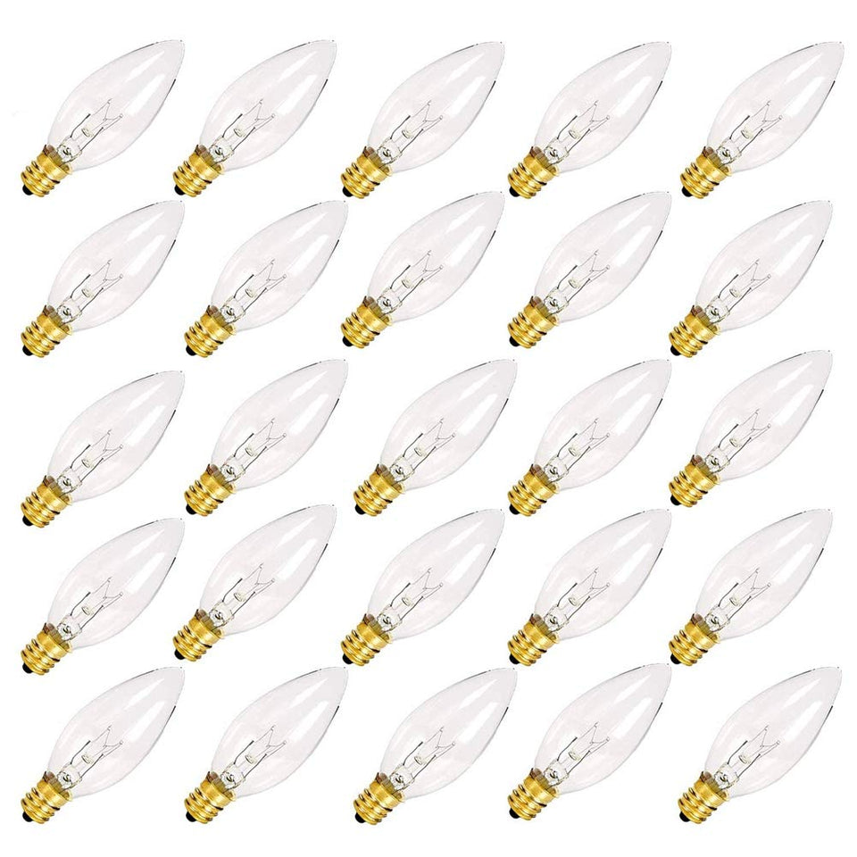 SUNSGNE 25-pack clear torpedo bulbs for chandeliers and decor.