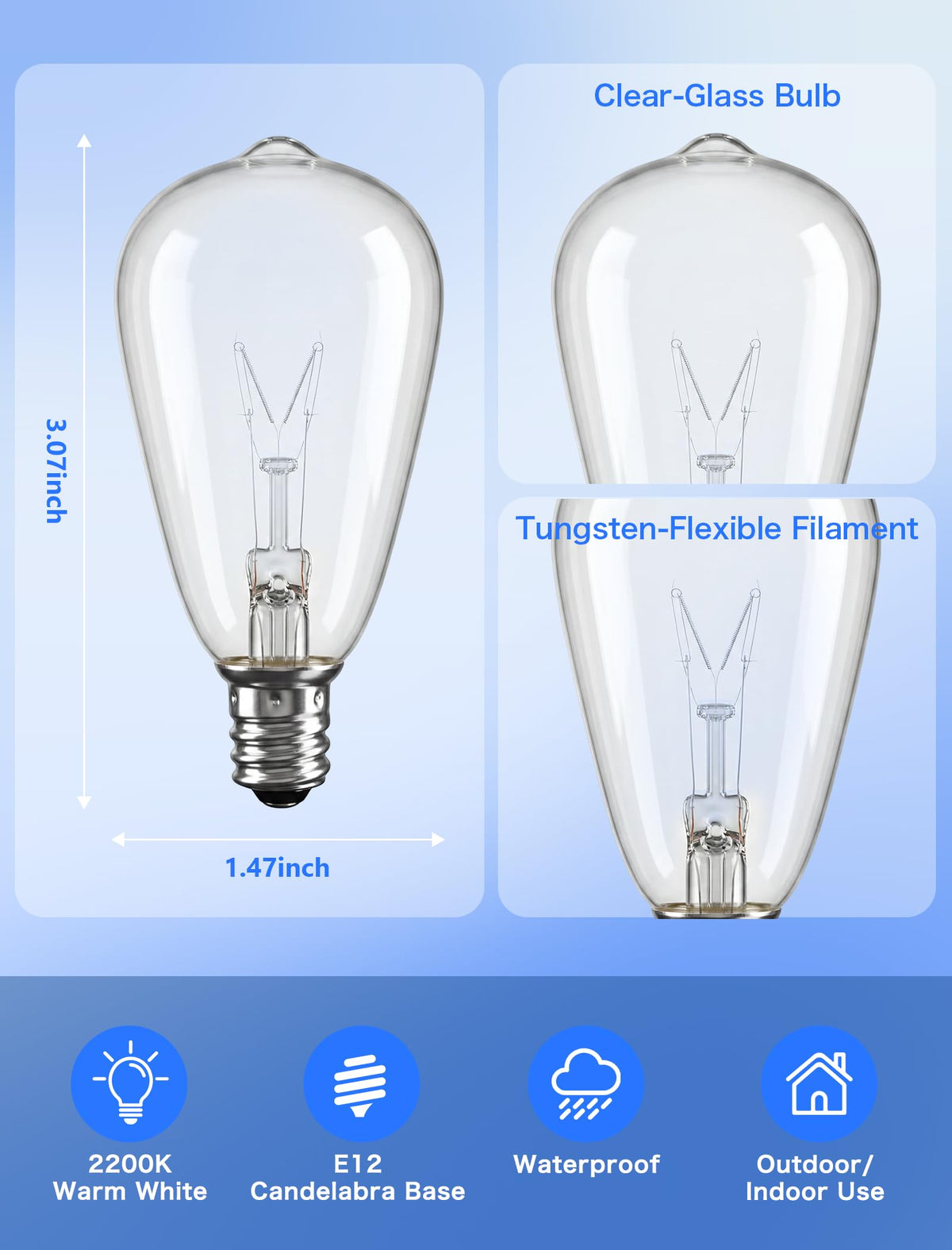 SUNSGNE Edison replacement bulb with clear glass for outdoor lights, warm amber glow.