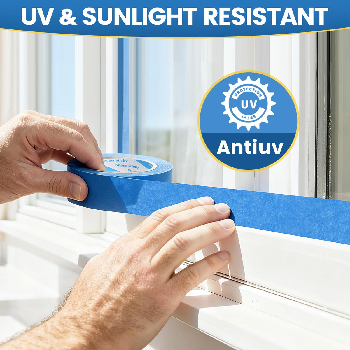 SUNSHINETOP smooth-paper blue tape adheres lightly to walls and trim.