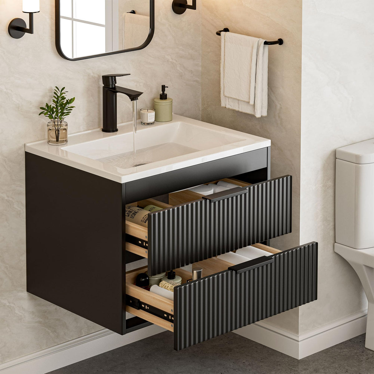Suntage 24in modern MDF vanity front view highlights space efficiency