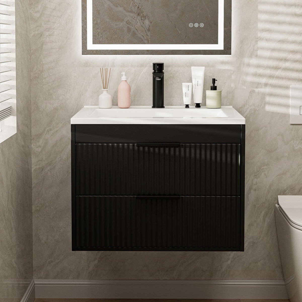 Suntage vanity drawers and handles close-up showing accessible storage