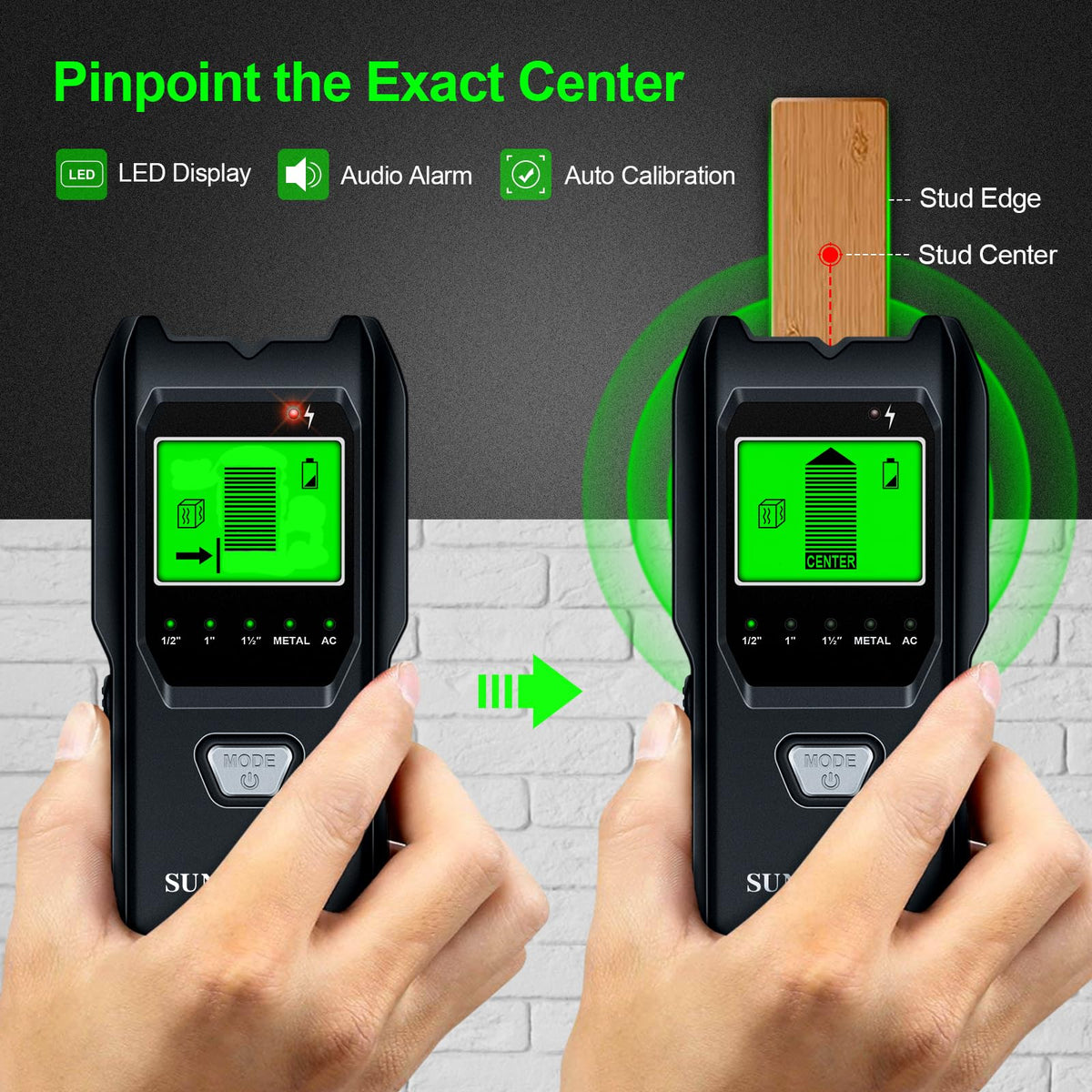 SUNTUTUFY stud finder AC wire detection emphasizes live wire warning for safety.