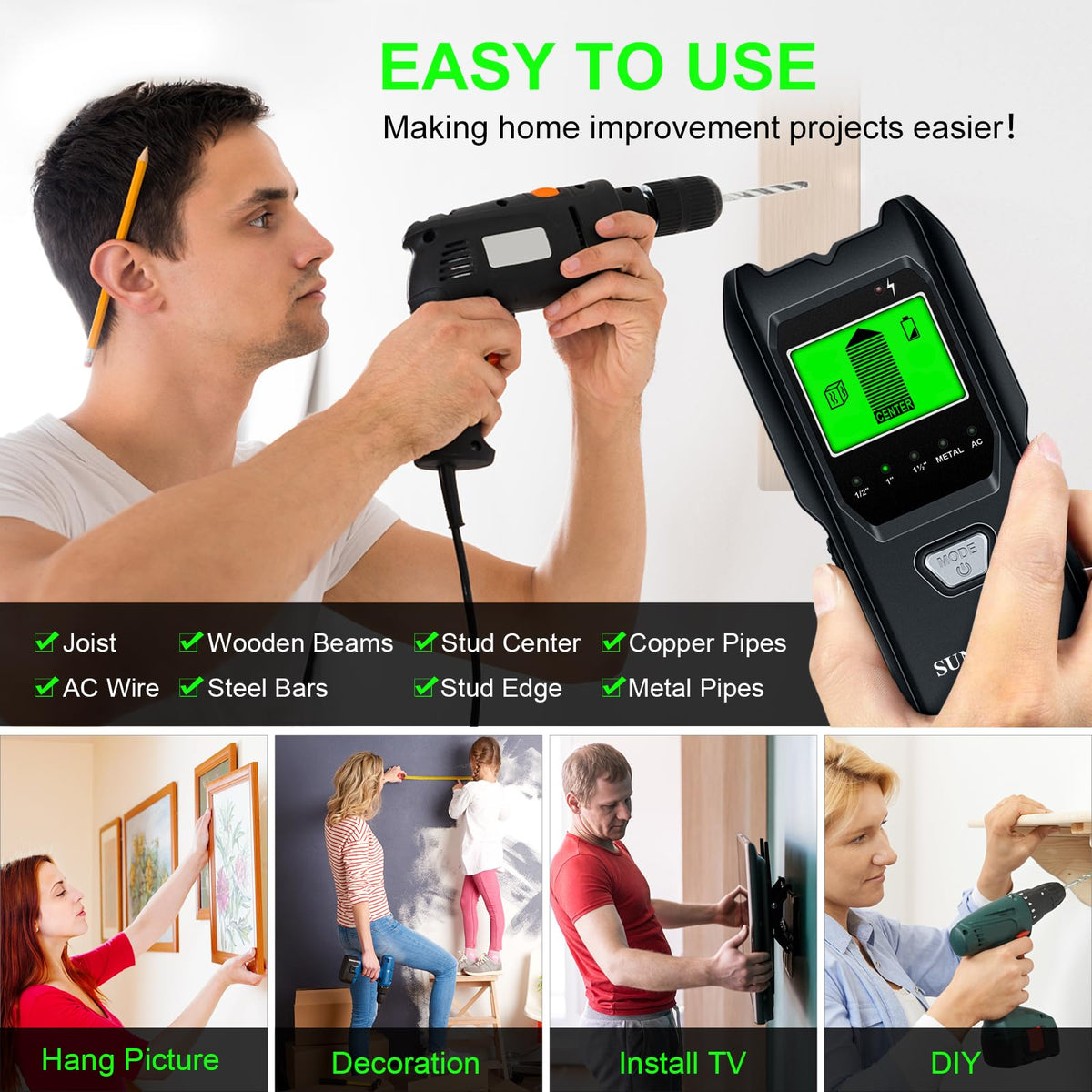 SUNTUTUFY stud finder automatic calibration enhances measurement reliability.