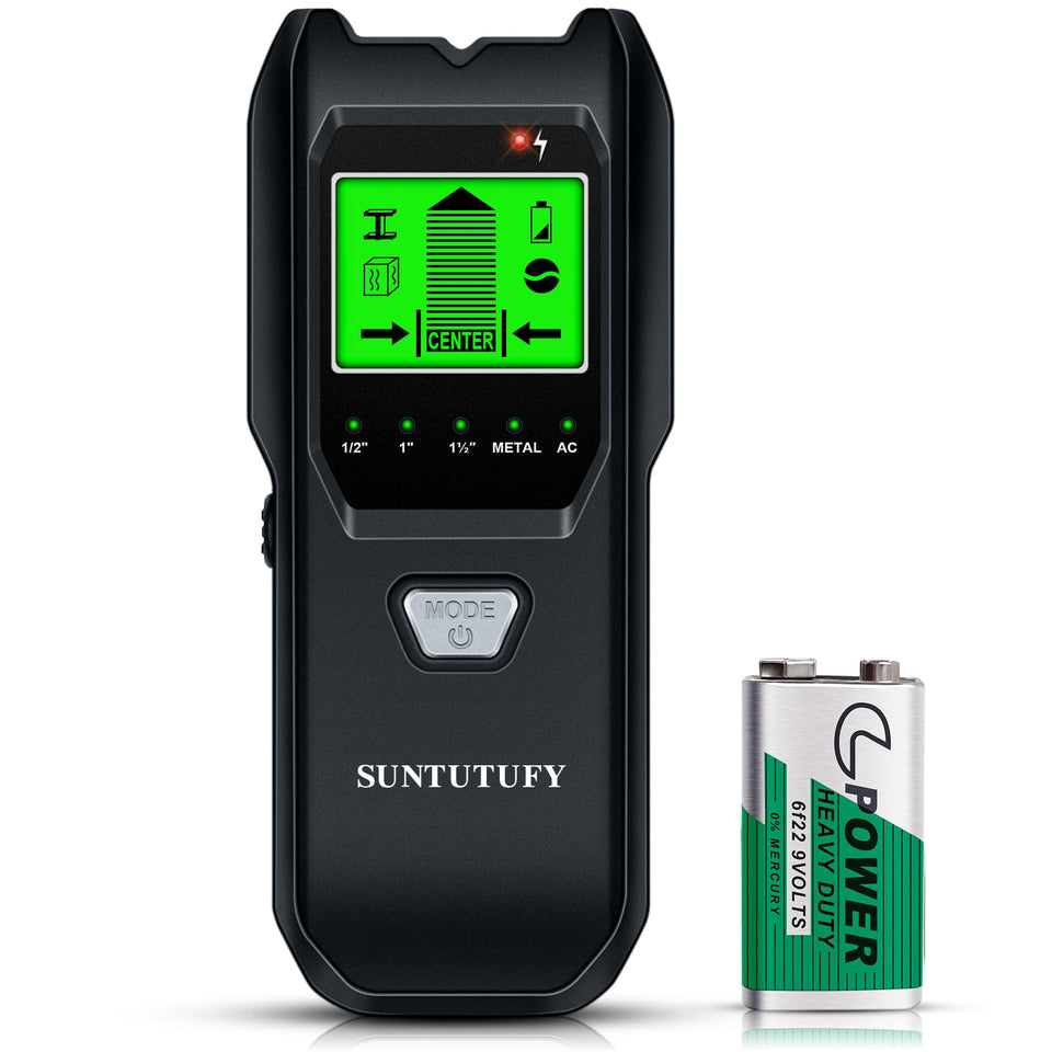 SUNTUTUFY stud finder front view highlights 5-in-1 detection for walls and beams.