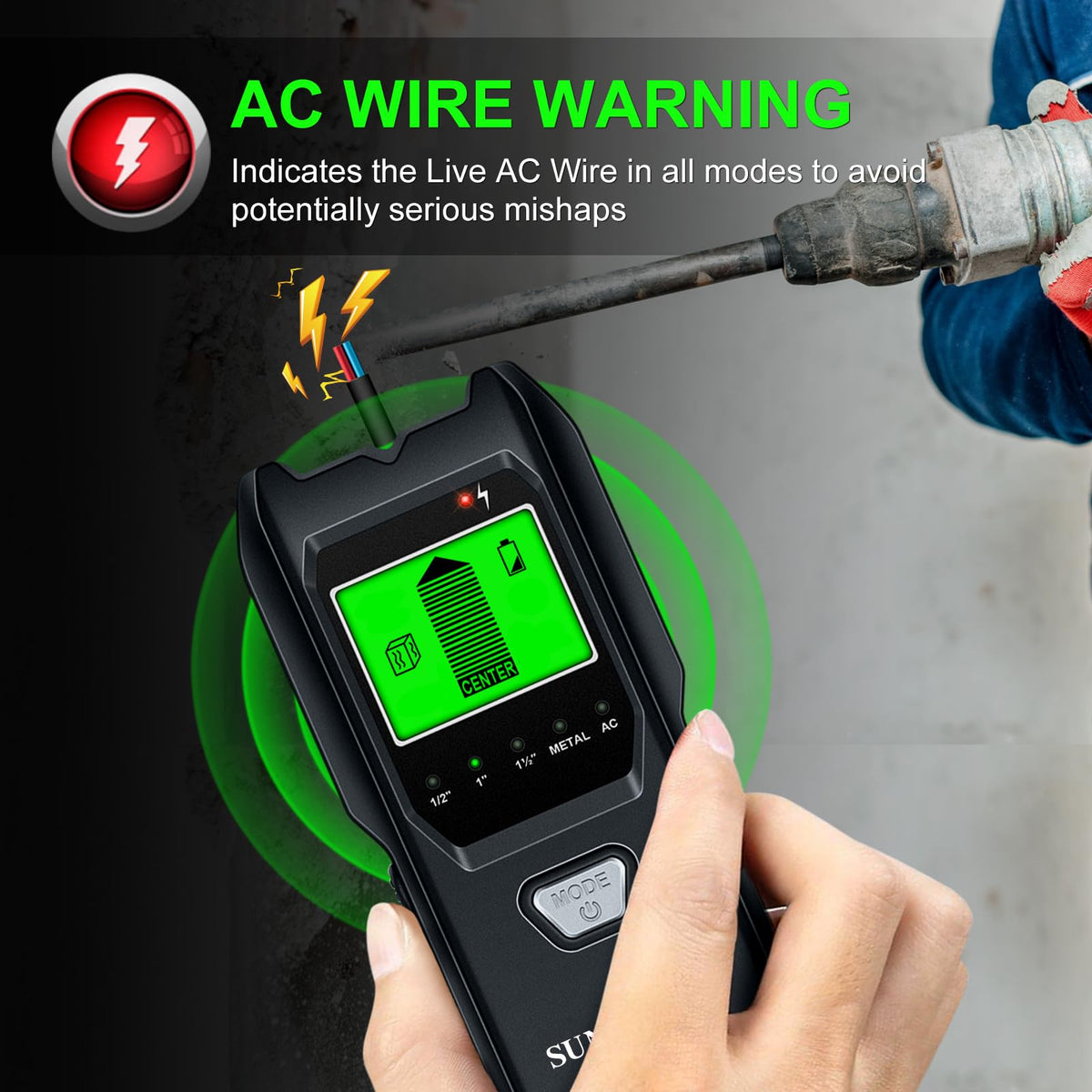SUNTUTUFY stud finder metal detection demonstrates deep wall scanning capability.