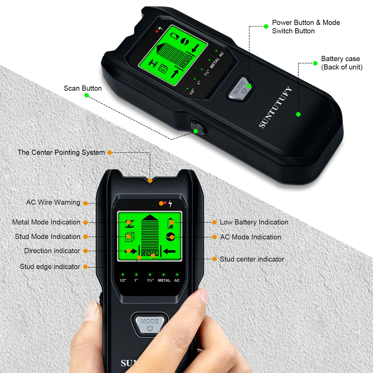 SUNTUTUFY stud finder safe-use guide image reinforces user-friendly design.
