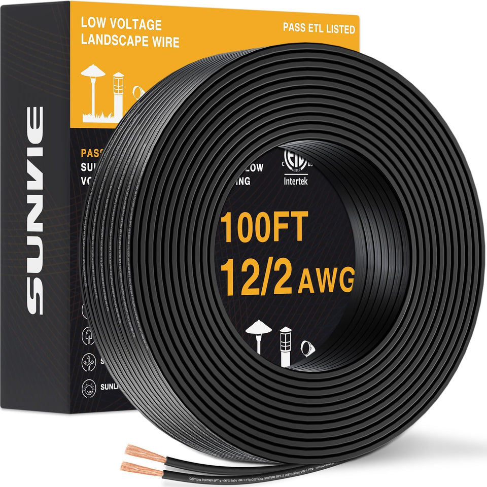 SUNVIE 100FT 12/2 low voltage wire for direct burial and landscape lighting.