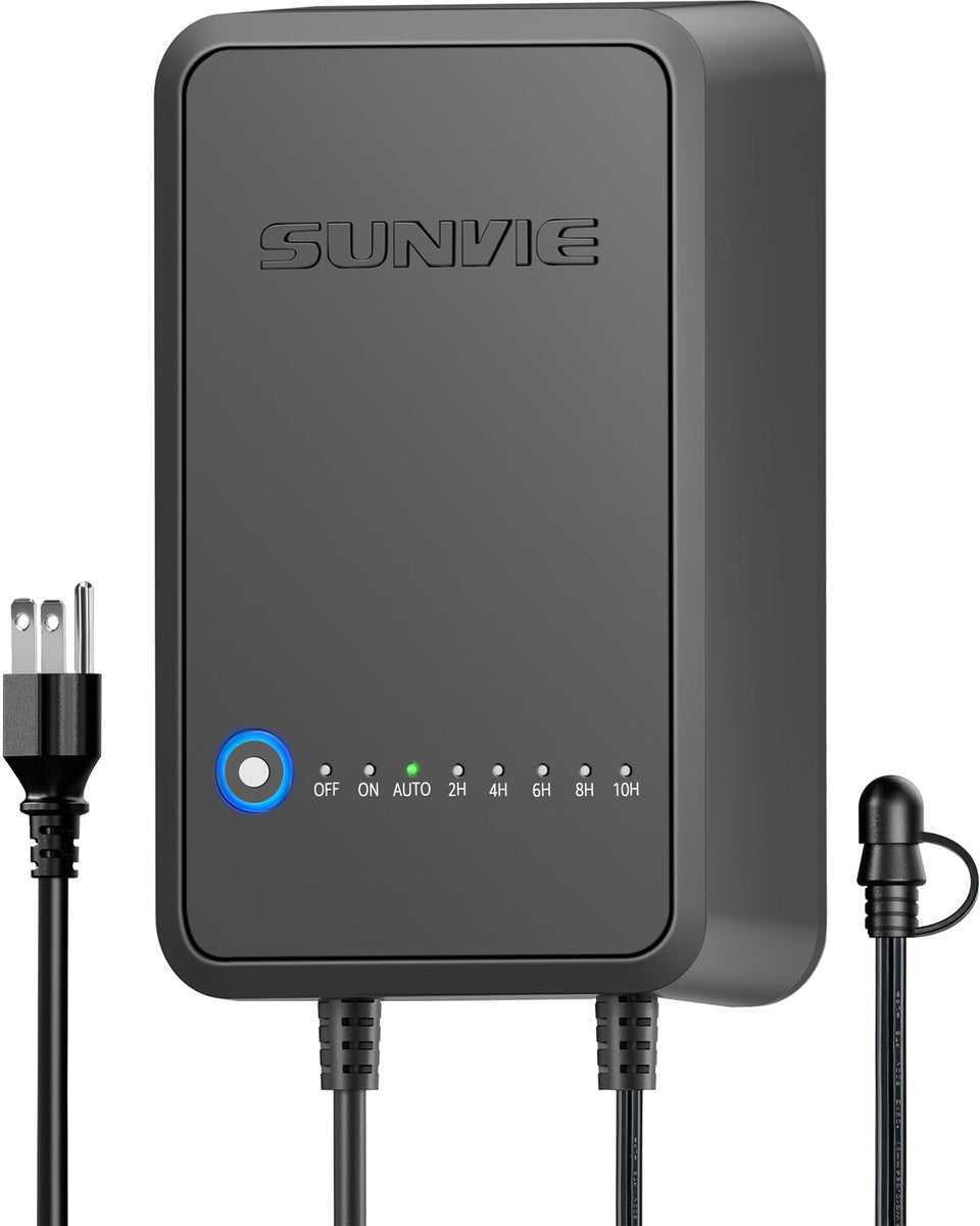 SUNVIE 100W landscape transformer front view powering outdoor LED lights safely.