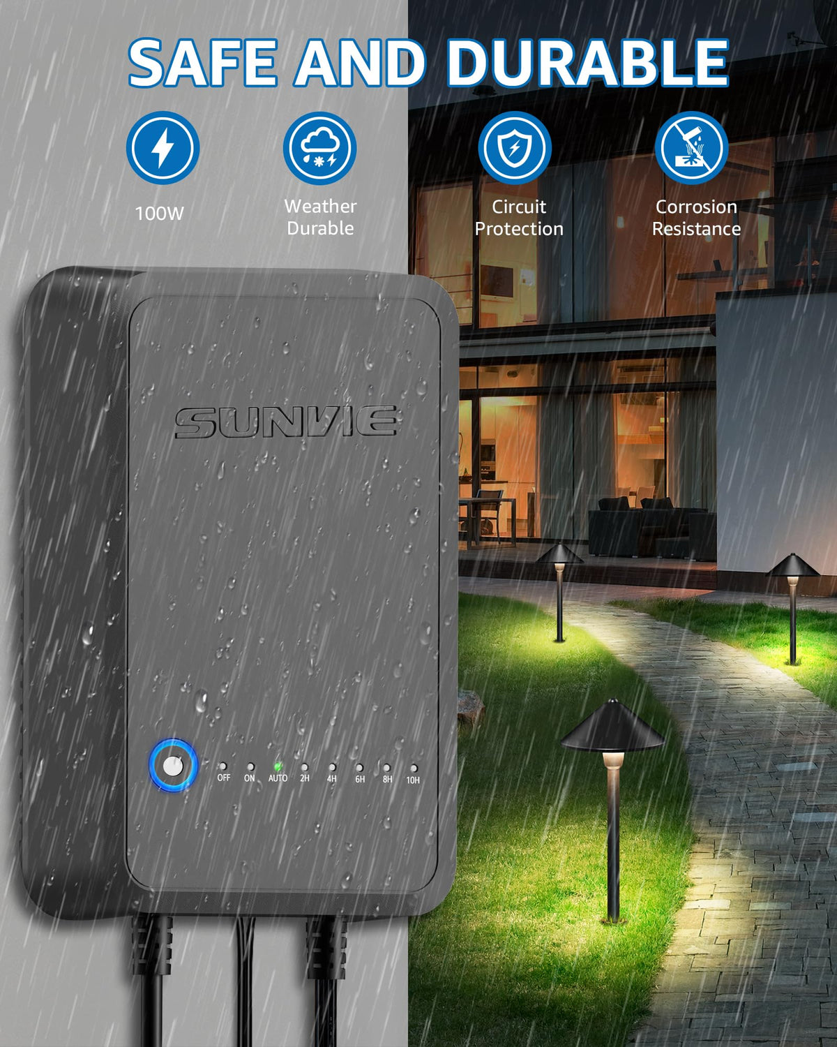 SUNVIE 100W transformer installation scene showing easy outdoor wiring and mounting.