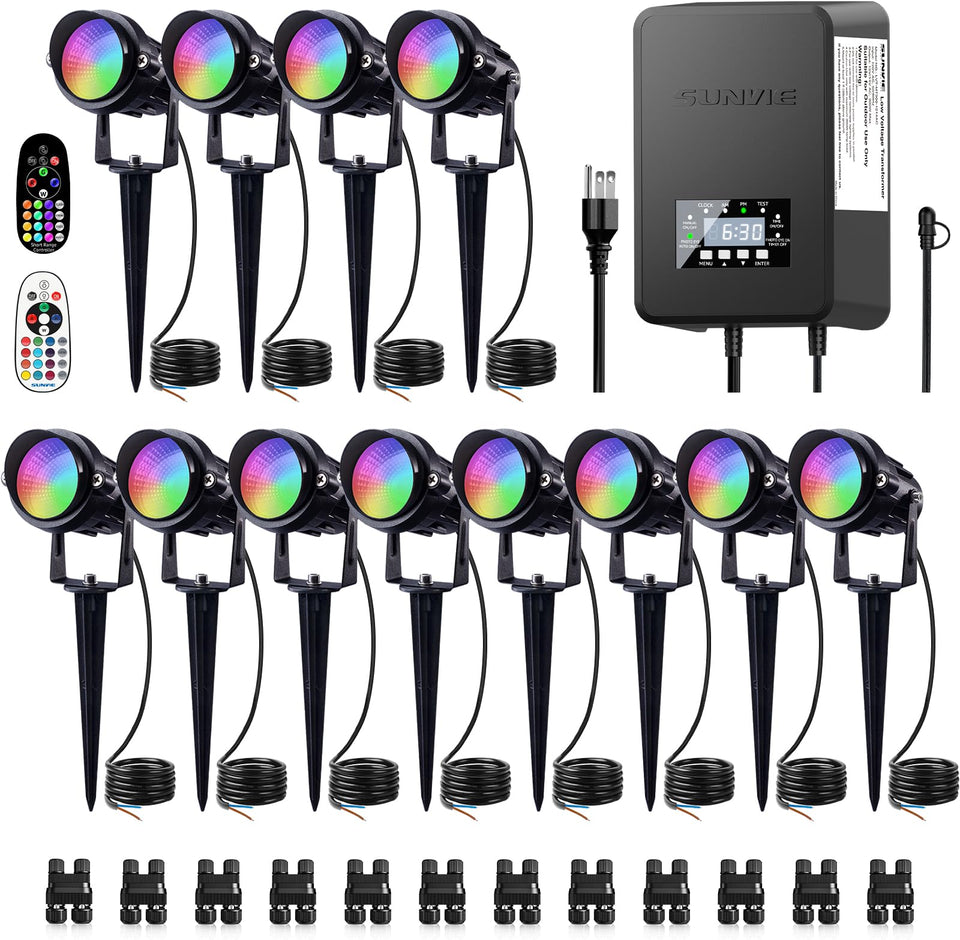 SUNVIE 12-pack RGBW landscape lights illuminate pathways and garden edges.
