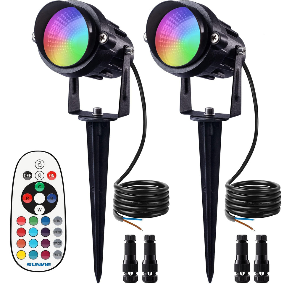 SUNVIE 12W RGB landscape light with remote control for easy color changes and ambiance.