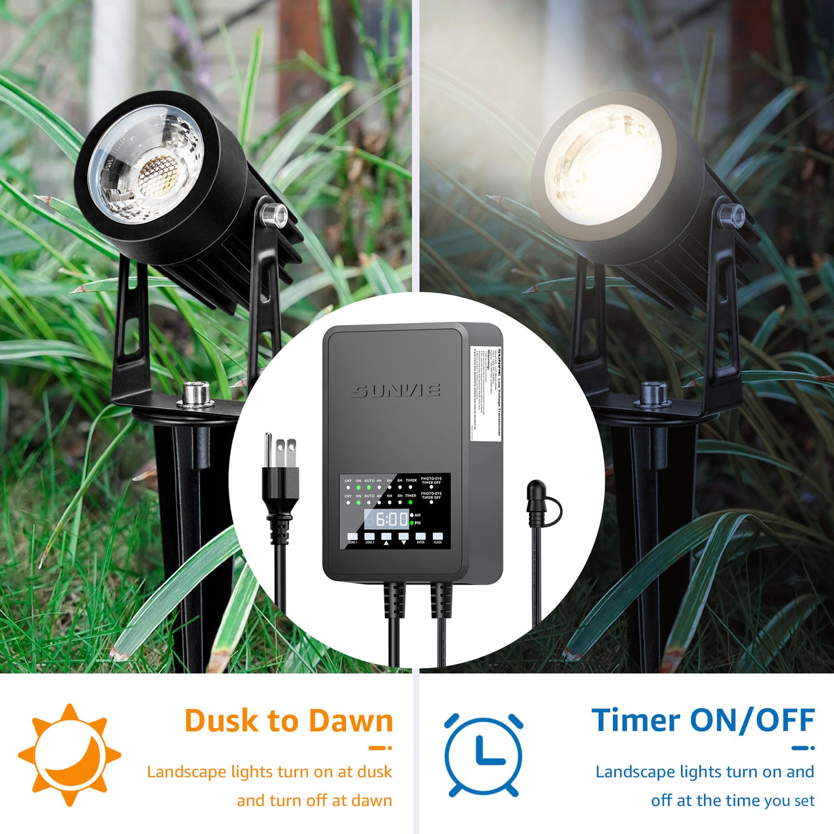 SUNVIE transformer with 6.8 ft sensor cord for outdoor installation.