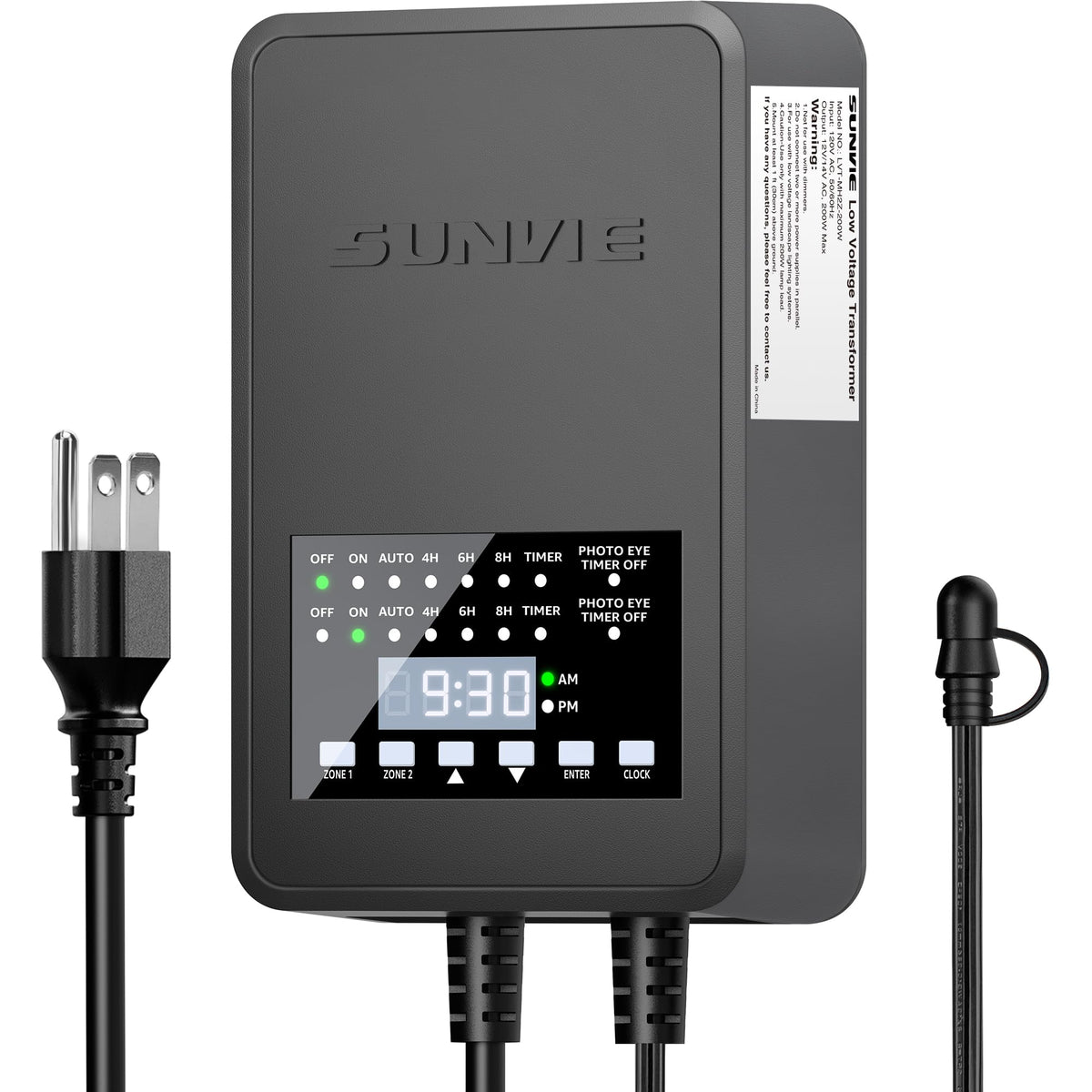 SUNVIE 200W transformer outdoors front view for landscape lighting control.