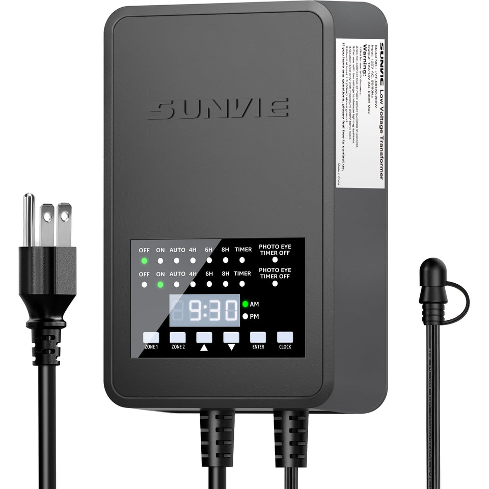 SUNVIE 200W transformer outdoors front view for landscape lighting control.