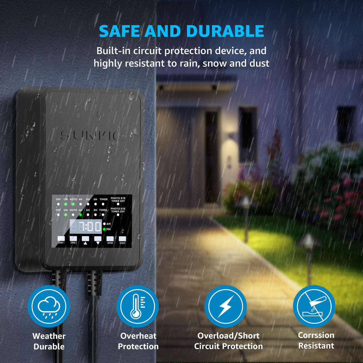 SUNVIE weatherproof transformer resists rain and snow for outdoor use.