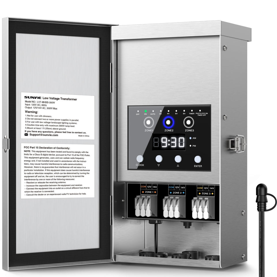 Sunvie 300W transformer exterior view for outdoor lighting, durable and weatherproof