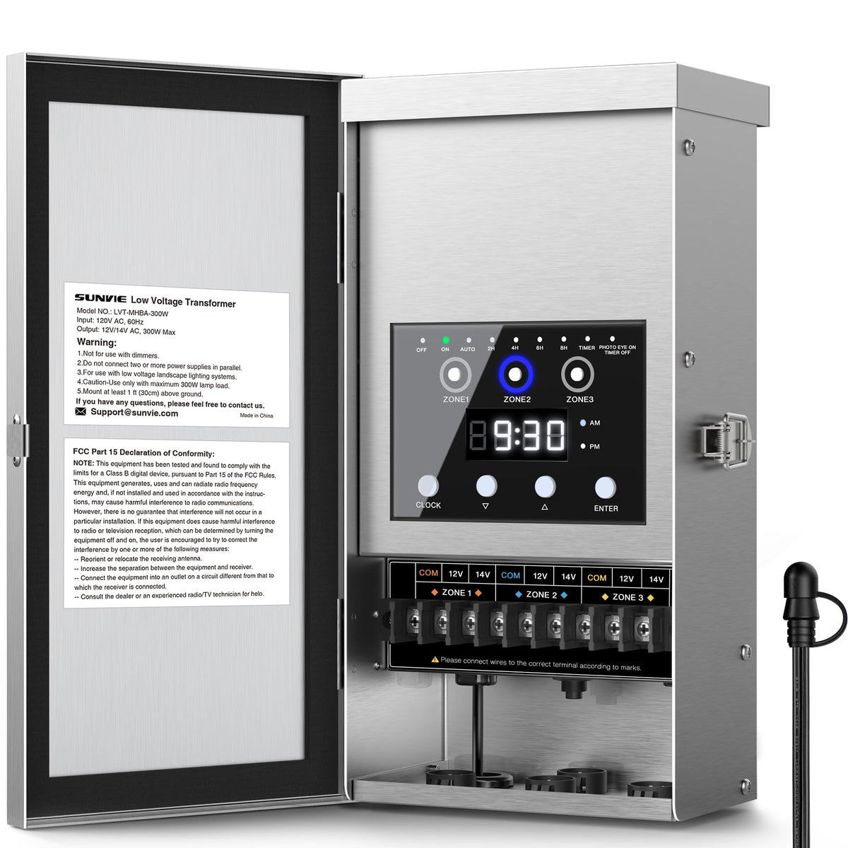 Sunvie 300W transformer front view shows compact weatherproof unit for outdoor lighting.