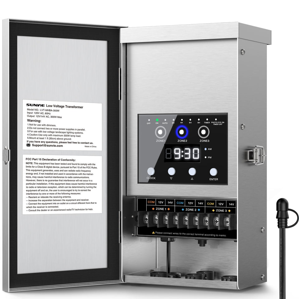Sunvie 300W transformer front view shows compact weatherproof unit for outdoor lighting.