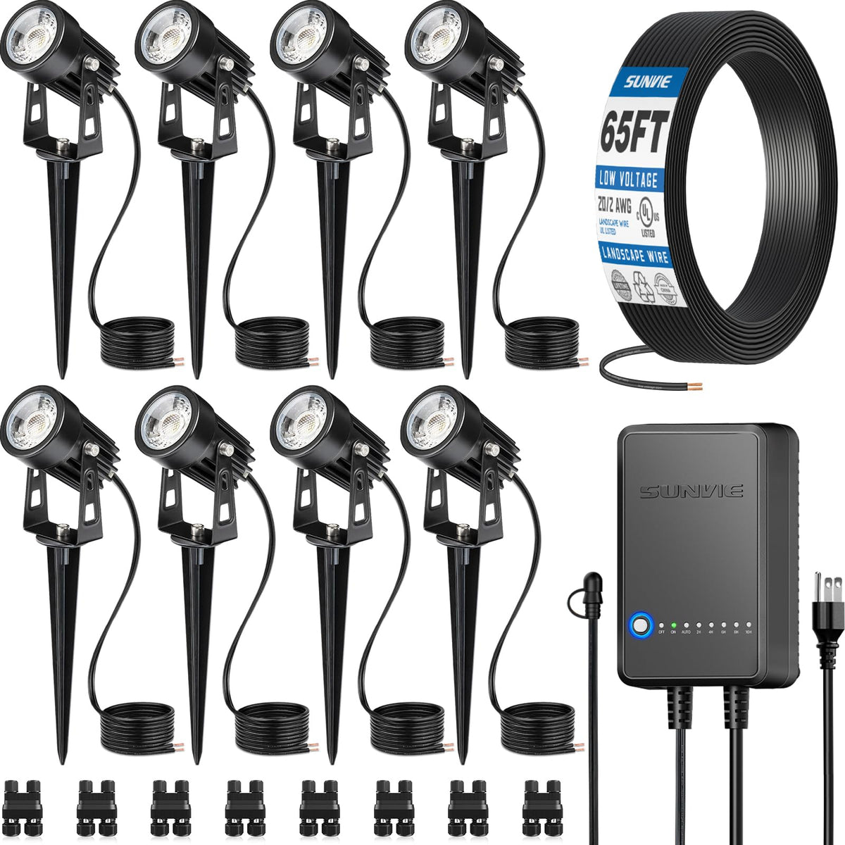 SUNVIE all-in-one LED landscape kit transformer powers dusk outdoor lighting