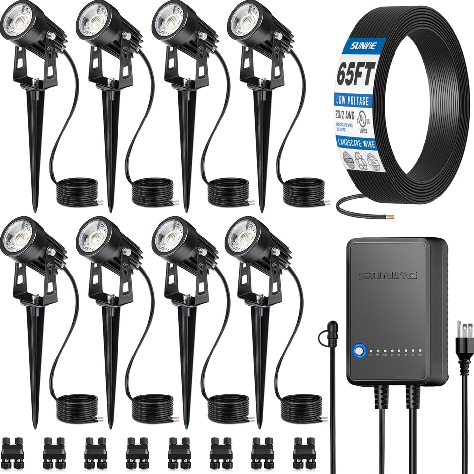 SUNVIE all-in-one LED landscape kit transformer powers dusk outdoor lighting
