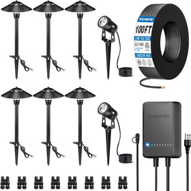 SUNVIE all-in-one LED kit transformer powering 12V dusk-to-dawn outdoor lighting.