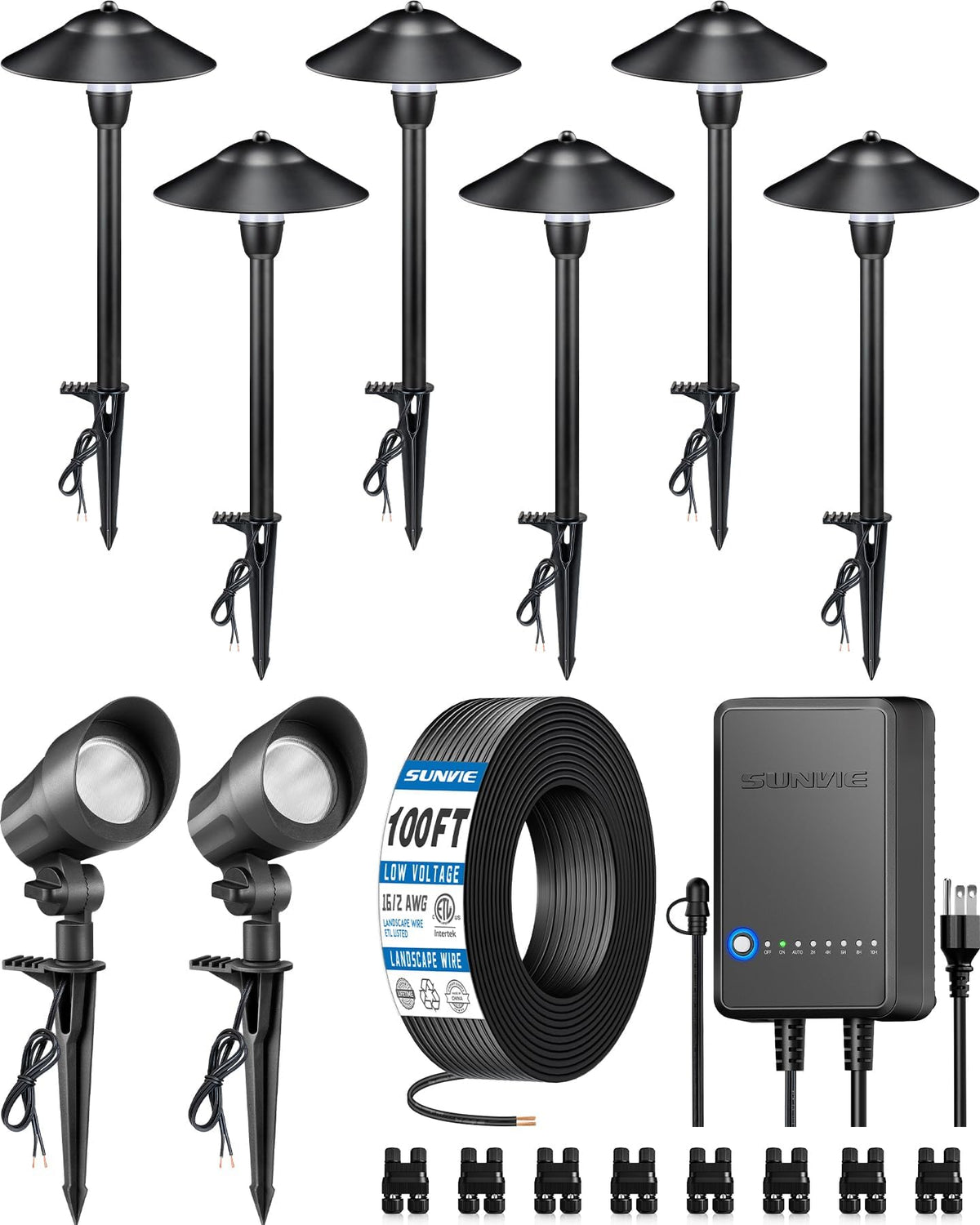 SUNVIE all-in-one path light assembly illuminates a garden walkway softly at night