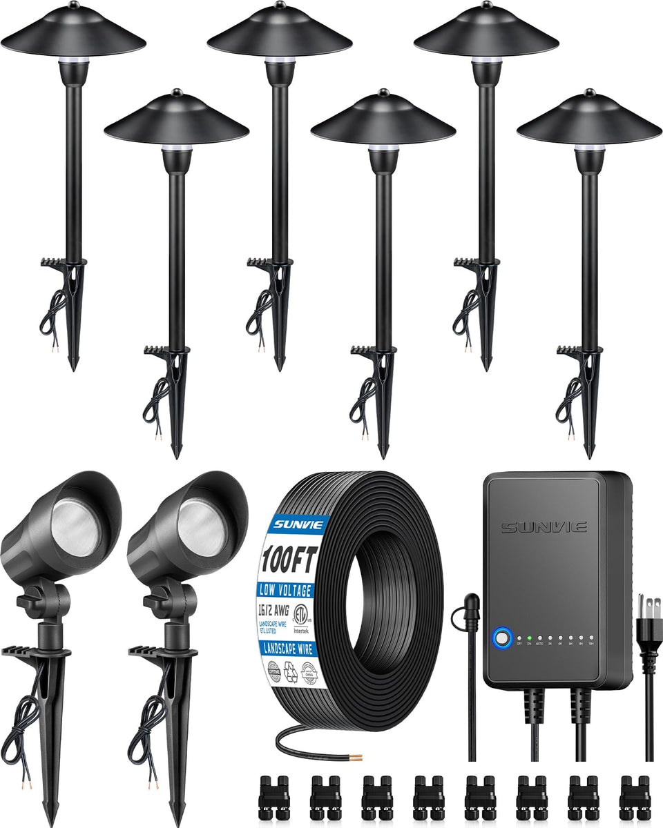 SUNVIE all-in-one path light assembly illuminates a garden walkway softly at night