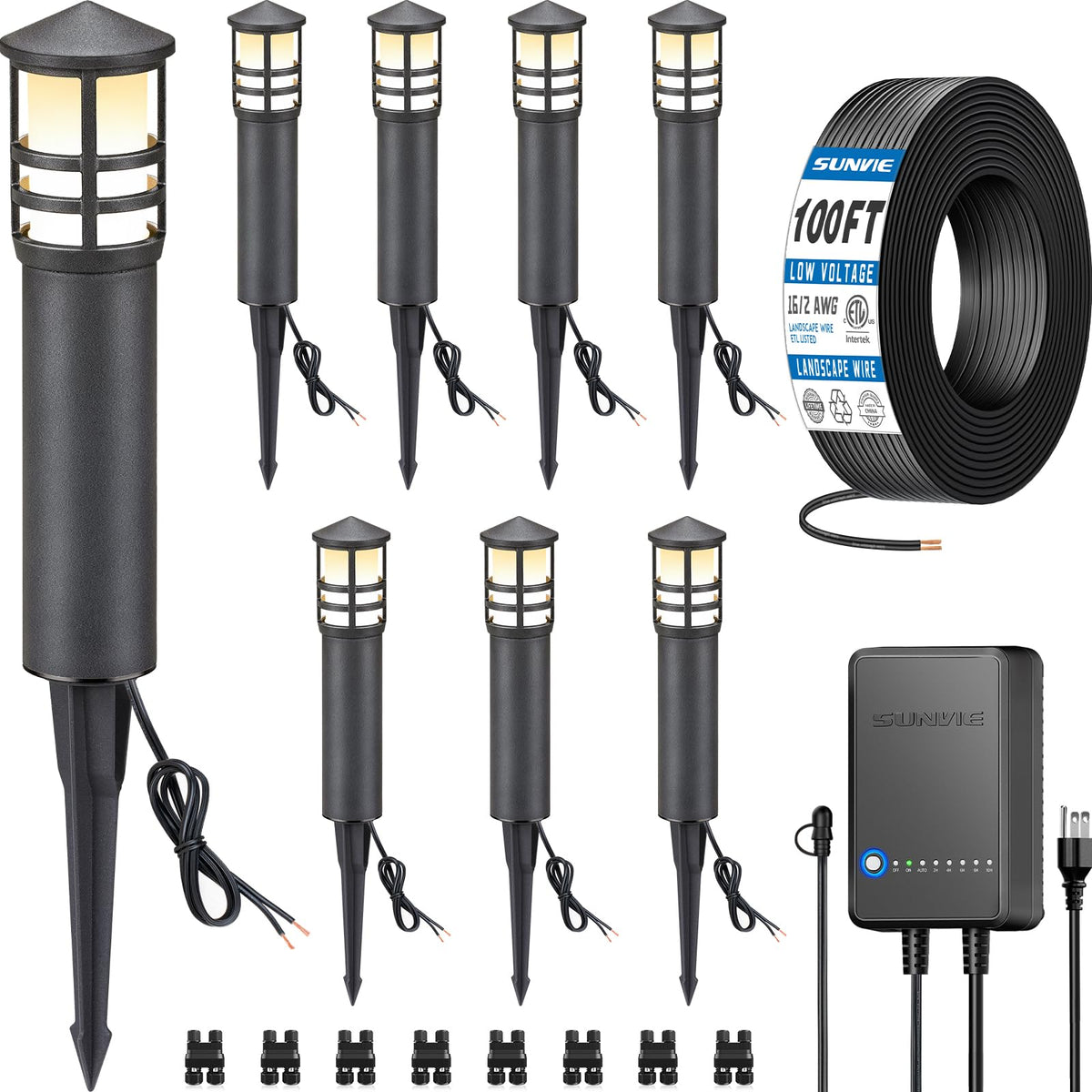 SUNVIE complete pathway lighting kit with 60W transformer for easy outdoor setup