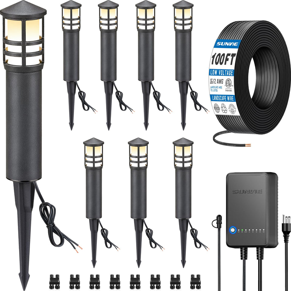 SUNVIE complete pathway lighting kit with 60W transformer for easy outdoor setup