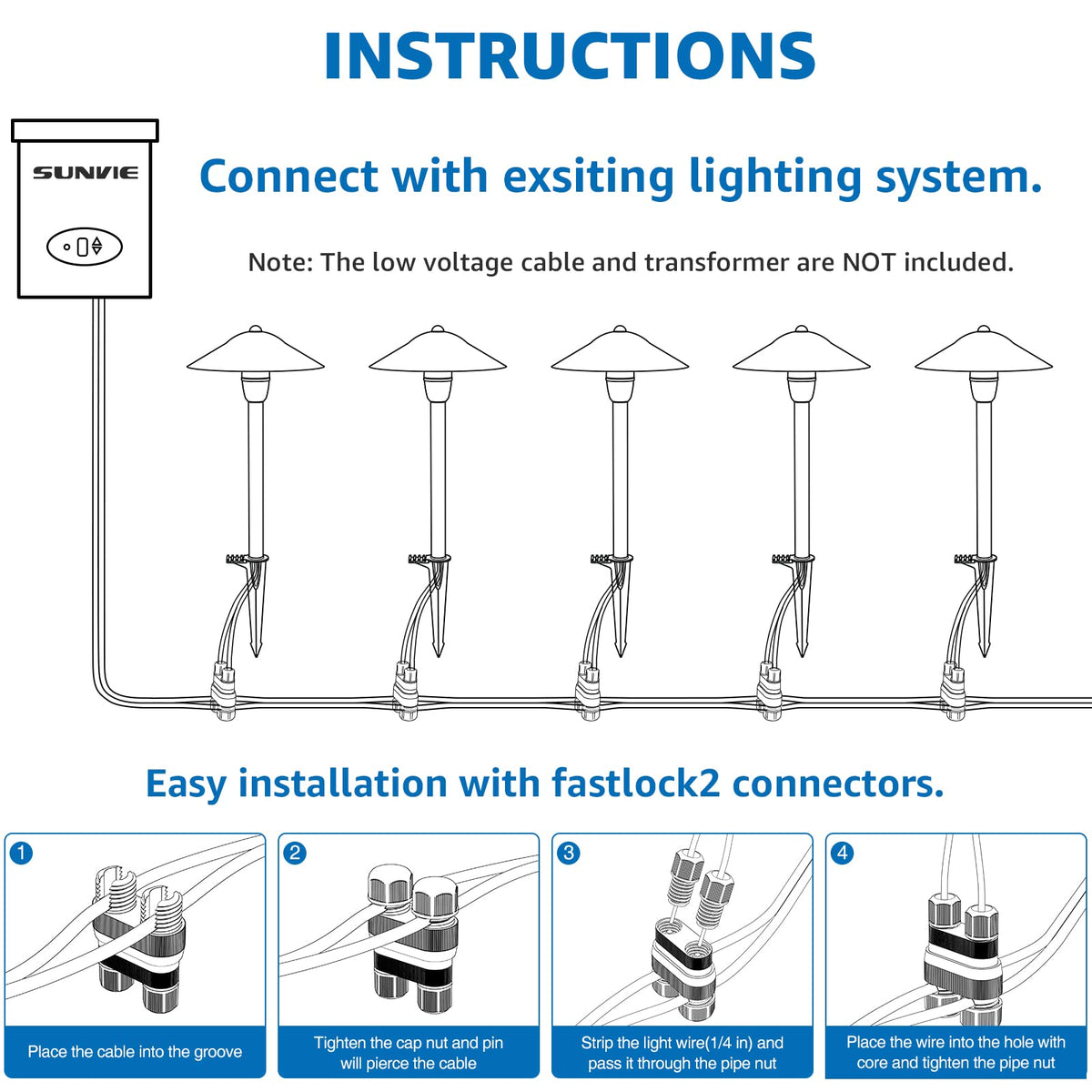 SUNVIE ground stake and connector simplify installing multiple lights along paths.