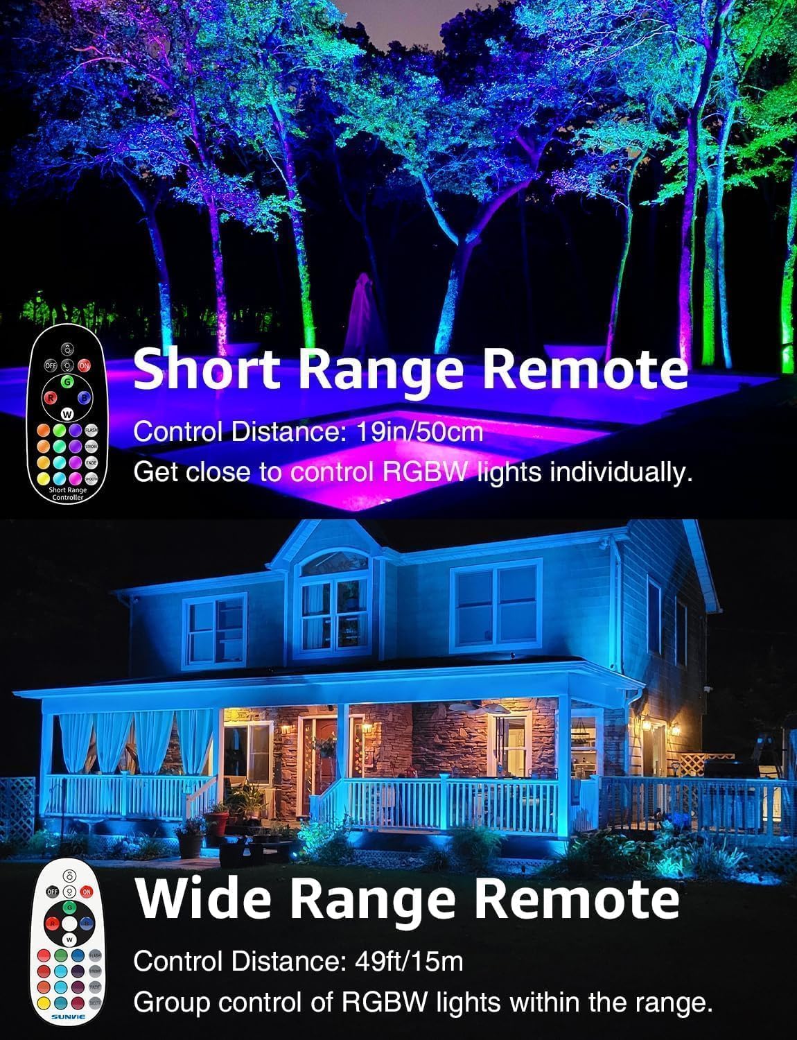 Sunvie RGBW landscape lights with wall mount and stake options in a yard setting