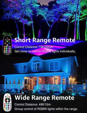 Sunvie RGBW landscape lights with wall mount and stake options in a yard setting