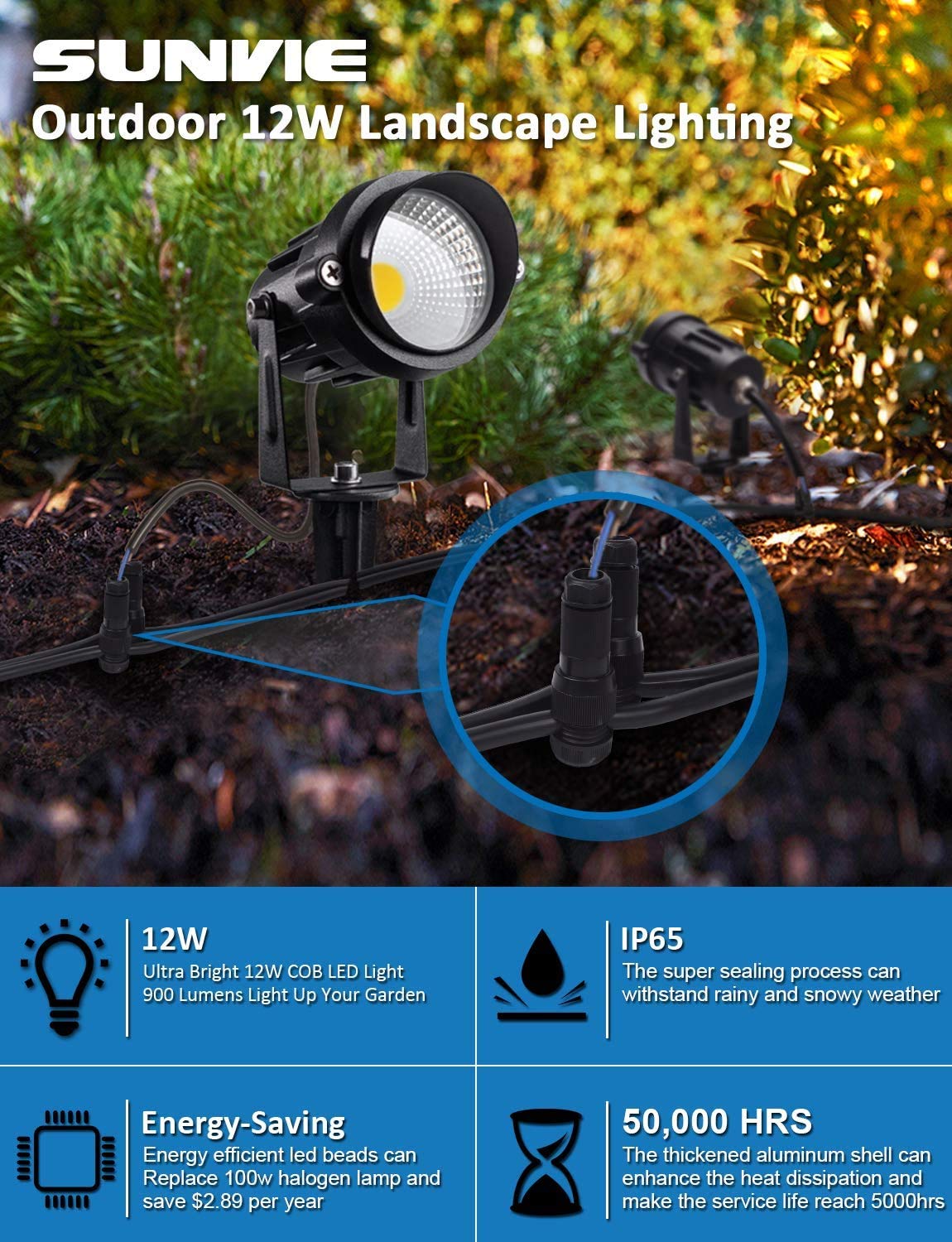 SUNVIE 12W LED light features durable aluminum body for outdoor durability.