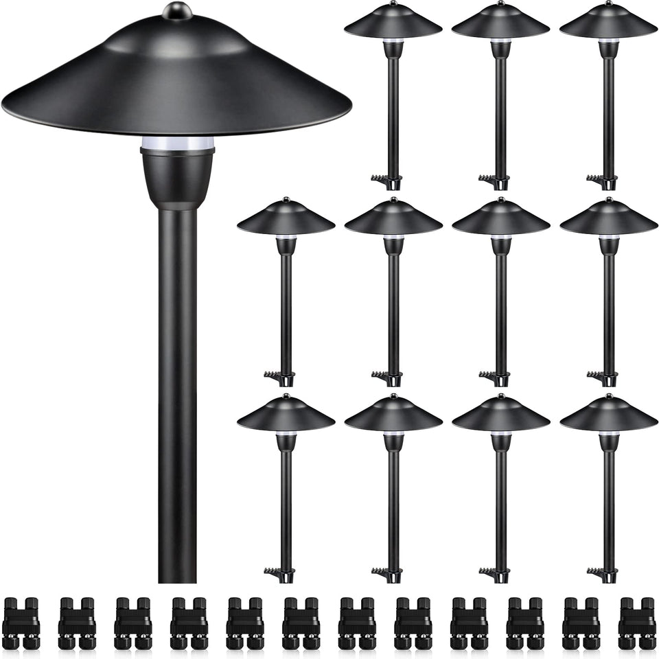 SUNVIE LED path light with hat-style shade for glare-free, 360° walkway illumination.