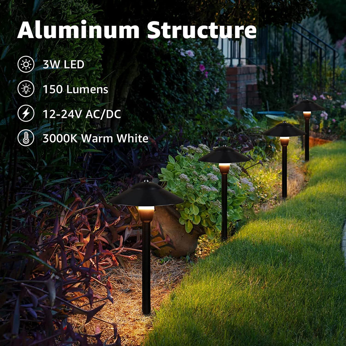 SUNVIE 3W LED path light provides warm 3000K glow for walkways.