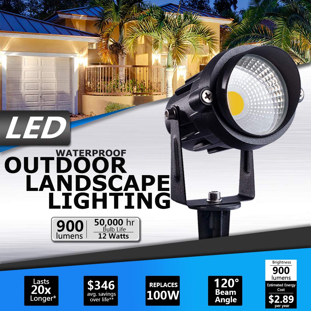 SunVIE waterproof LED spotlight illuminating a lawn in rain and snow