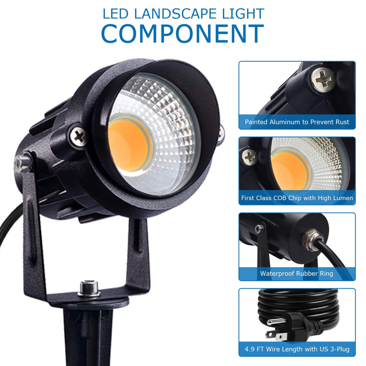 SUNVIE outdoor light with 4.9 ft cord and US 3-prong plug.