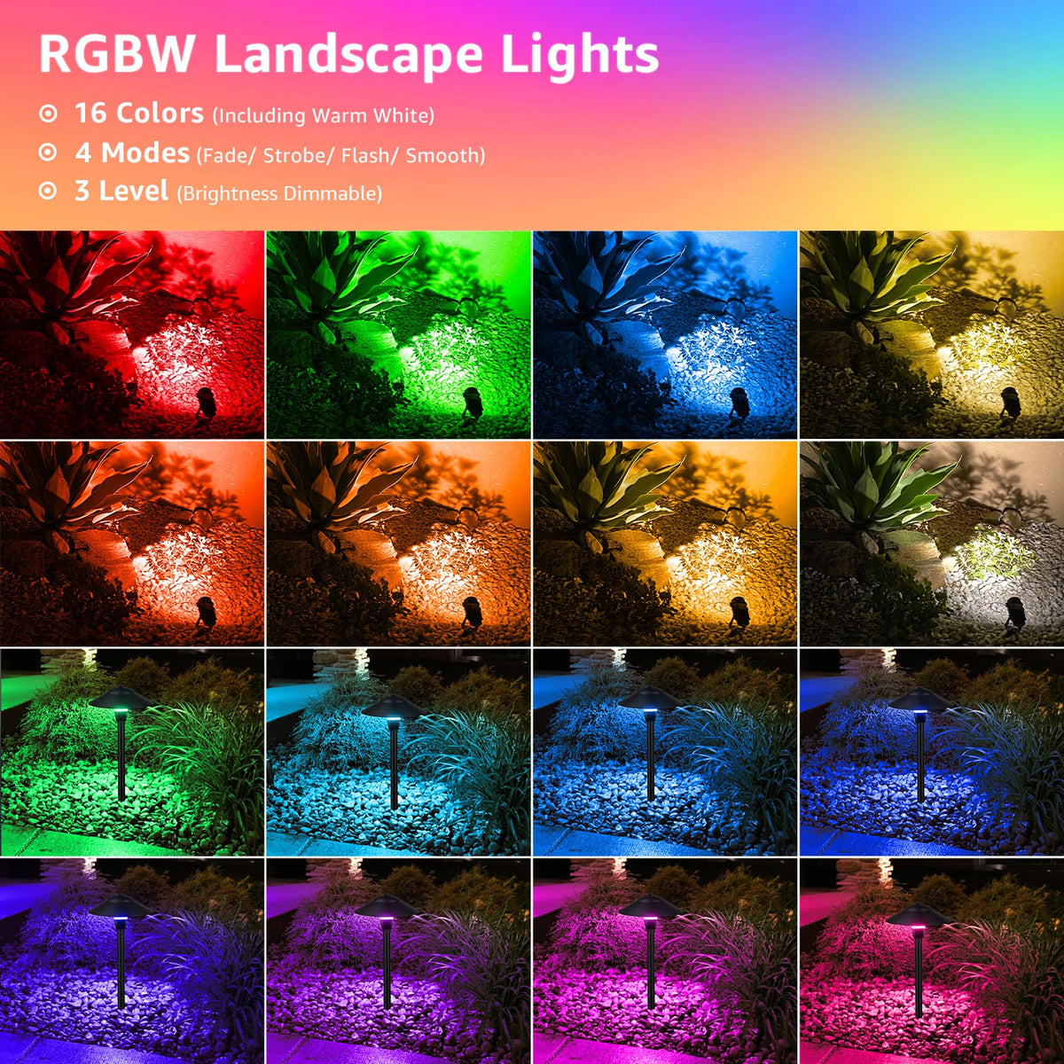 Sunvie RGBW landscape spotlight 4-pack adds focused color accents for gardens and entryways.