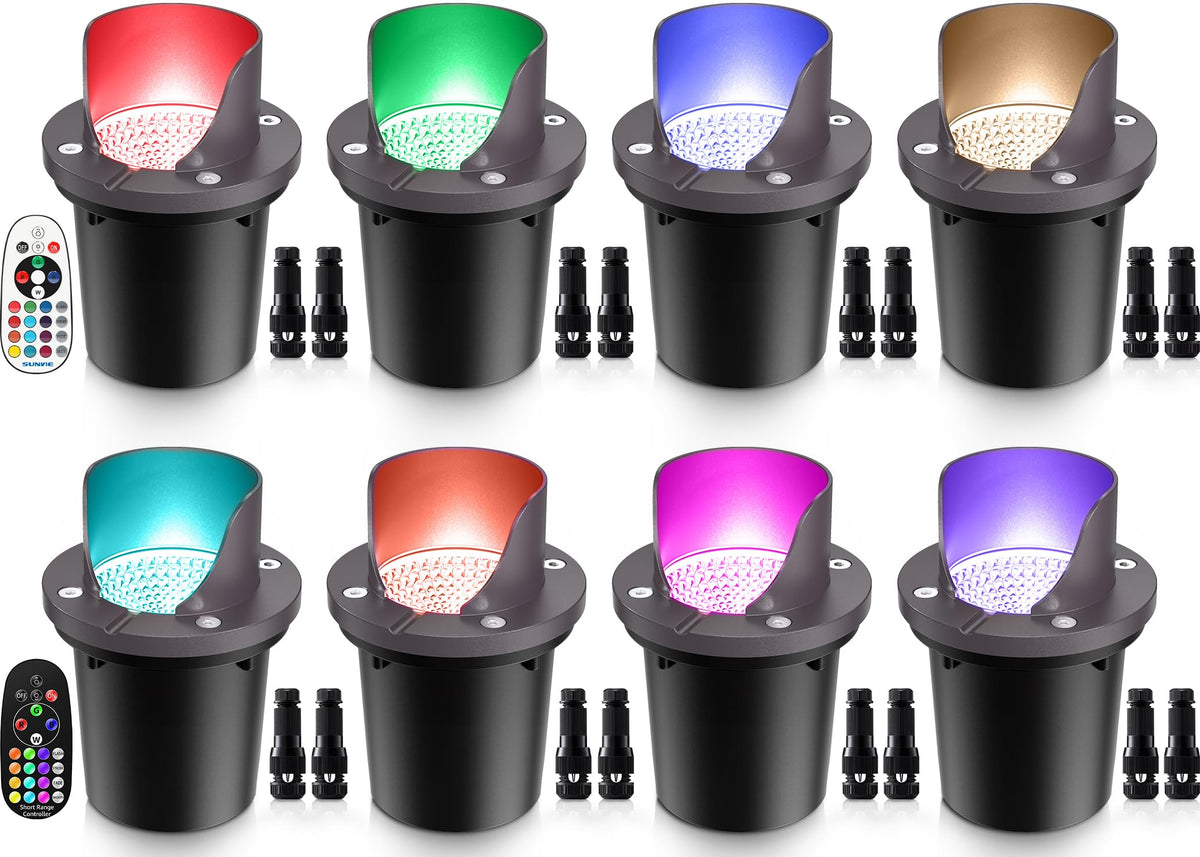 SUNVIE RGBW landscape well light 8-pack illuminating garden paths with color options