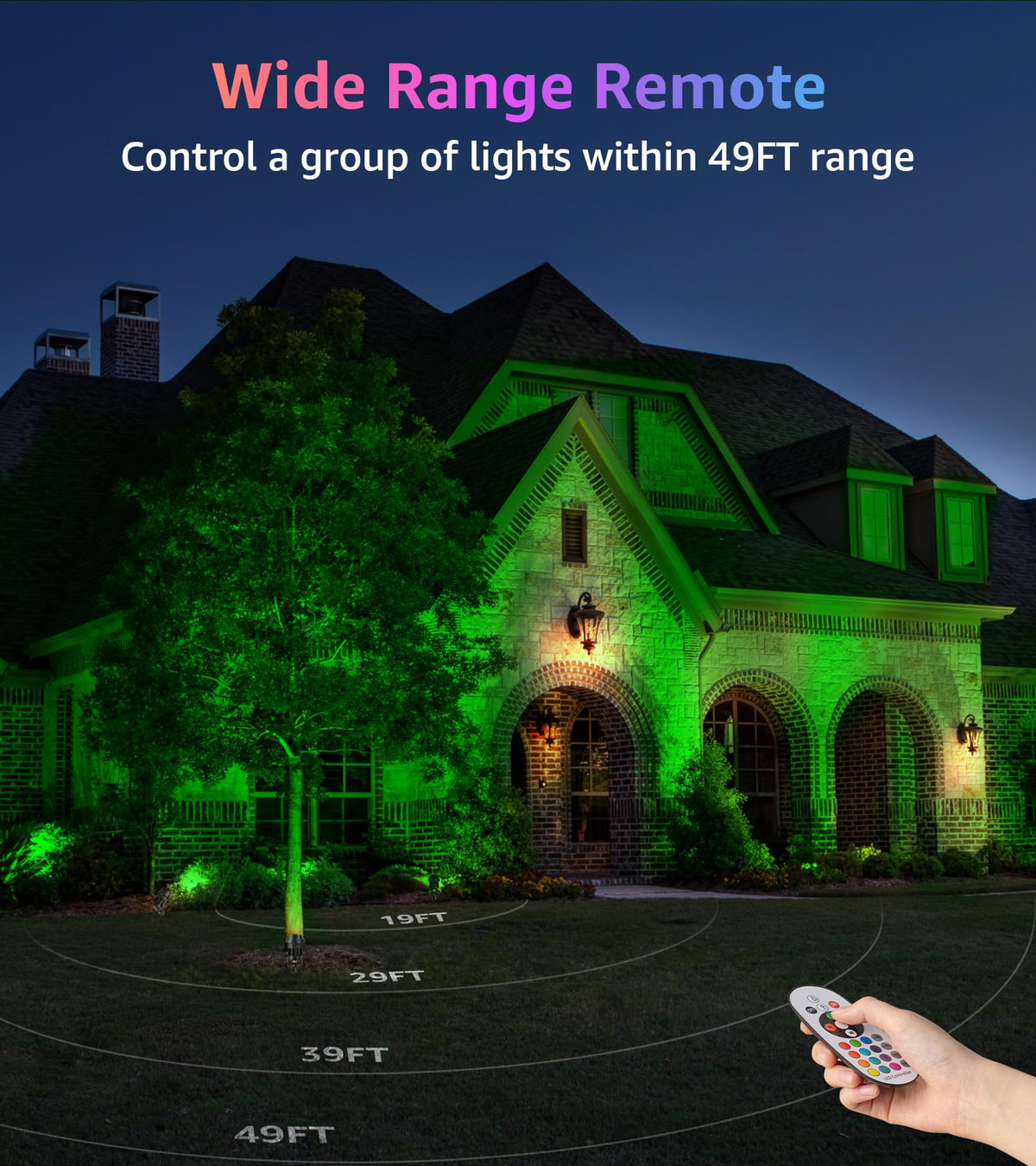 Sunvie RGBW yard-accent spotlight highlights pathways and fences.