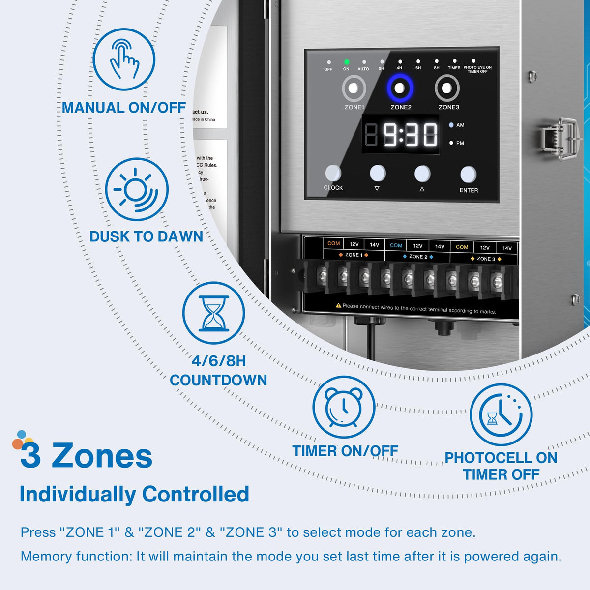 Sunvie three-zone outputs demonstrate independent control for pathway, garden, and yard lighting.