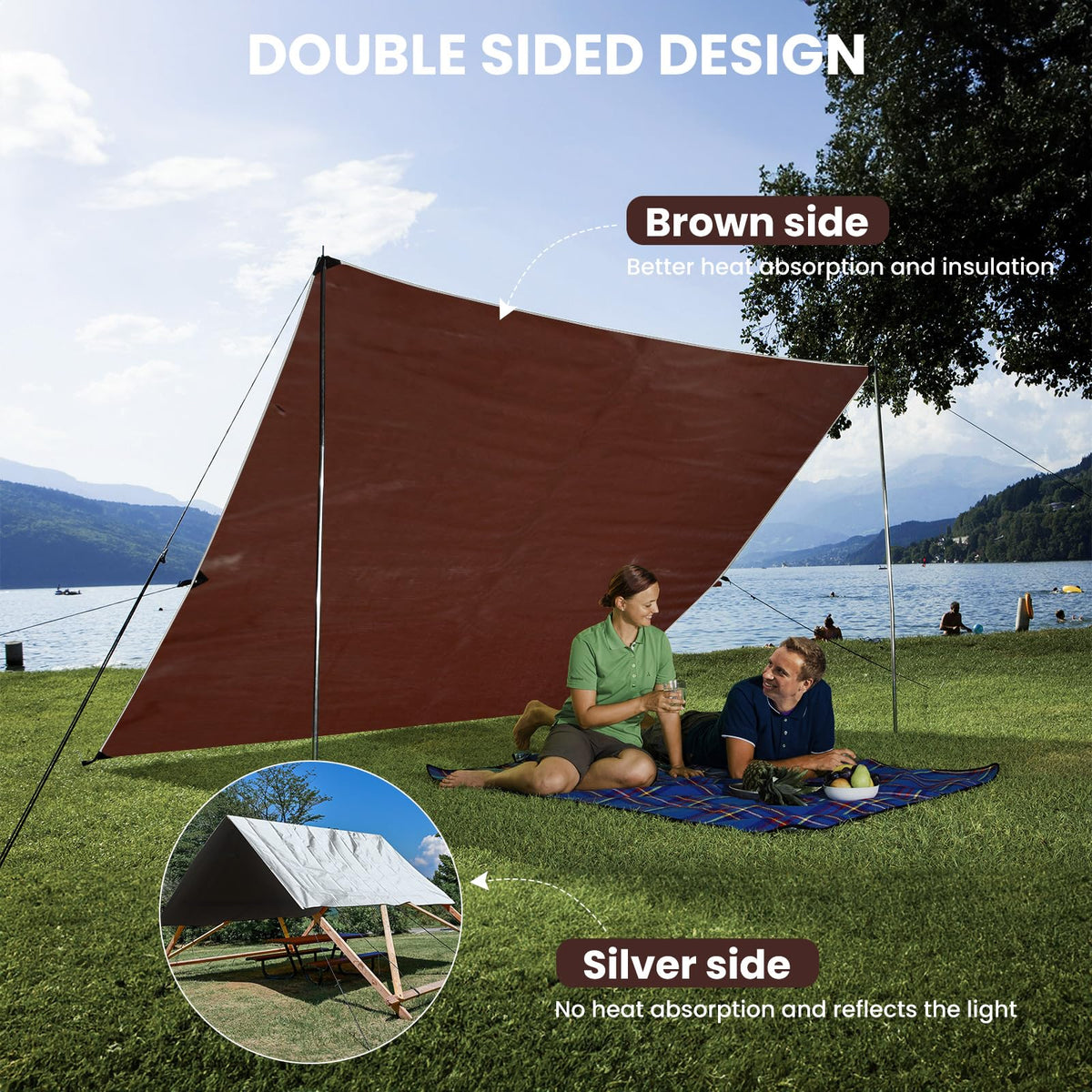 Brass grommets on the Sunvigor tarp enable secure tie-downs