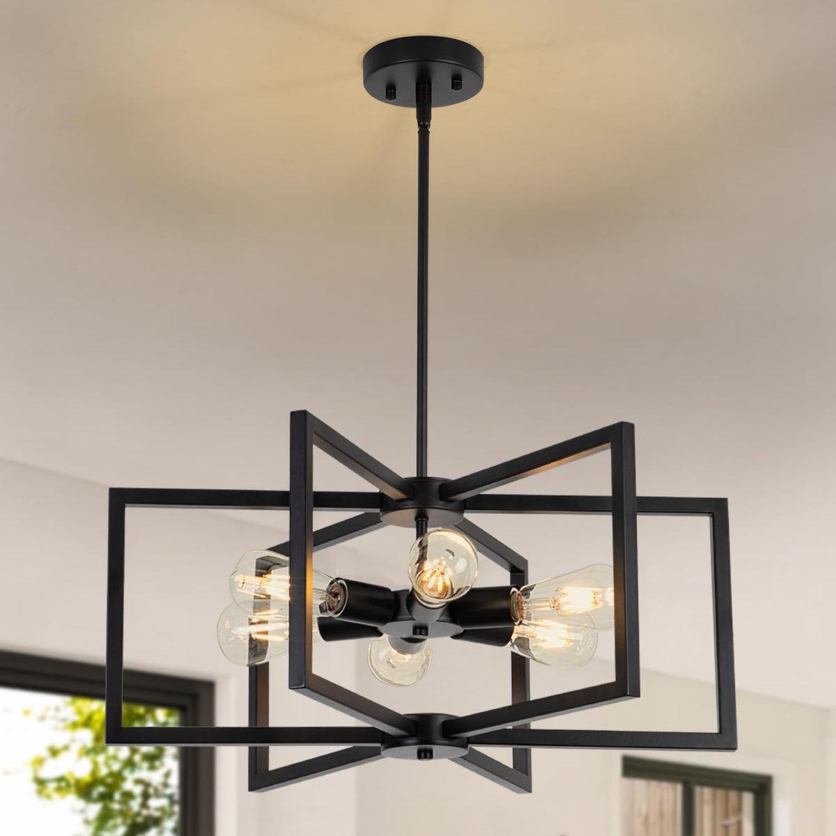 SUNVKWEY 23.6-inch black chandelier over dining table for modern farmhouse style.