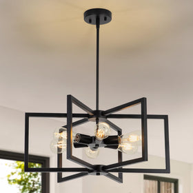 SUNVKWEY 23.6-inch black chandelier over dining table for modern farmhouse style.