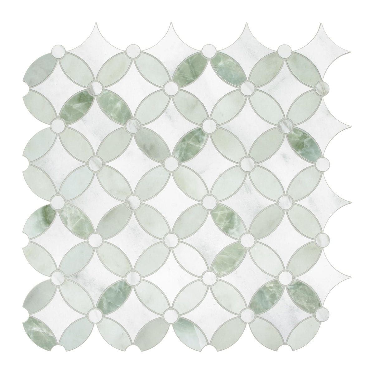 Sunwings coin waterjet backsplash tile close-up highlighting durable, scratch-resistant surface.