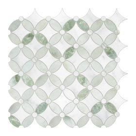 Sunwings coin waterjet backsplash tile close-up highlighting durable, scratch-resistant surface.