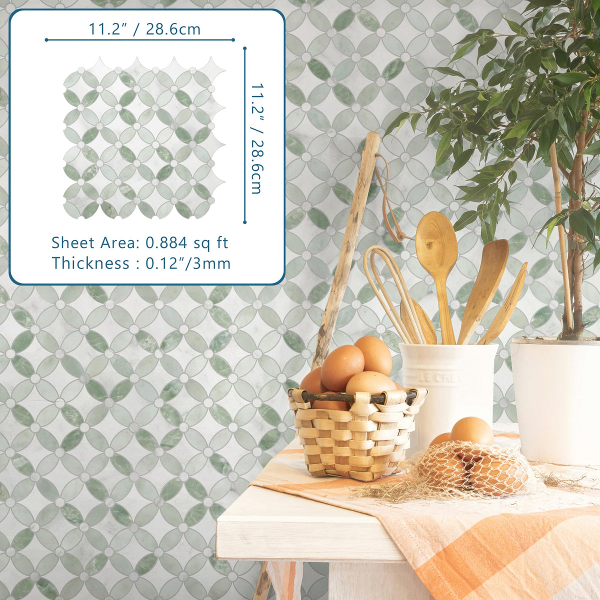 Sunwings green marble look surface detail for stylish kitchen backsplash.